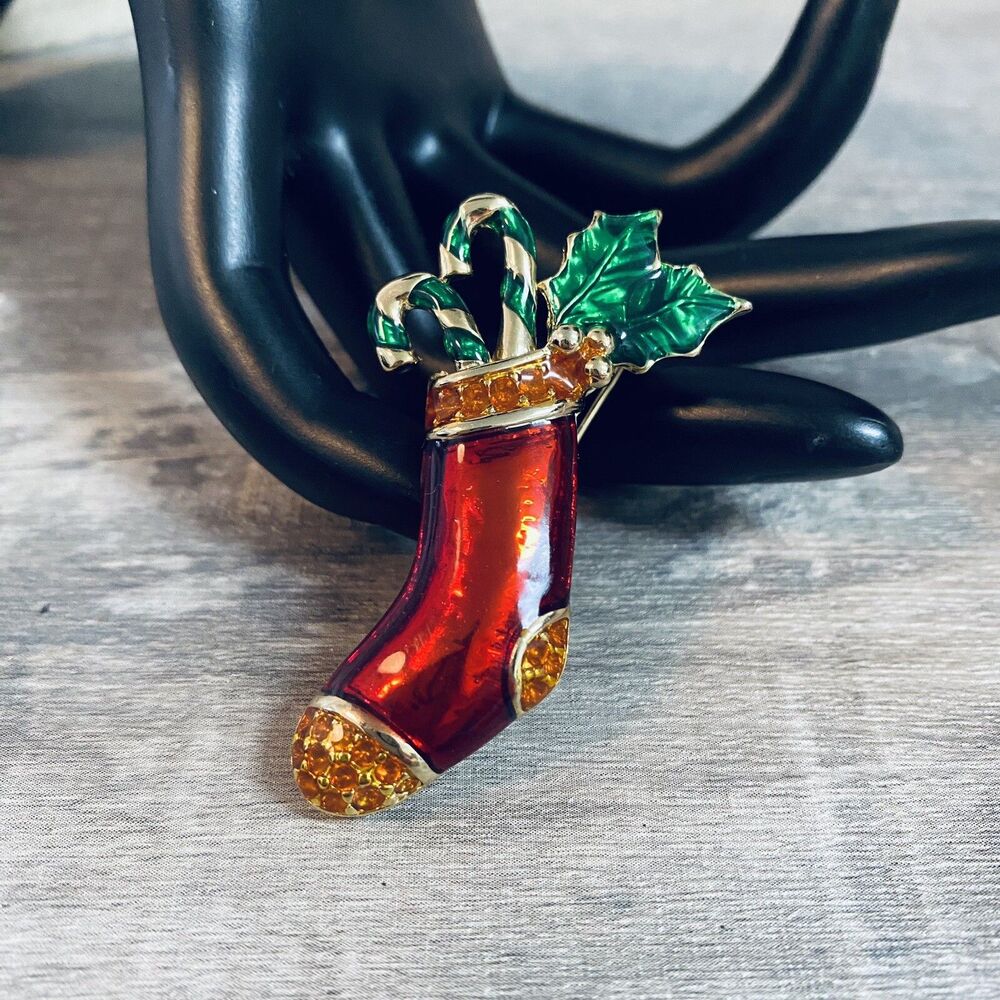 Vintage Enamel Christmas Stocking Candy Cane Holy Berry Brooch Pin